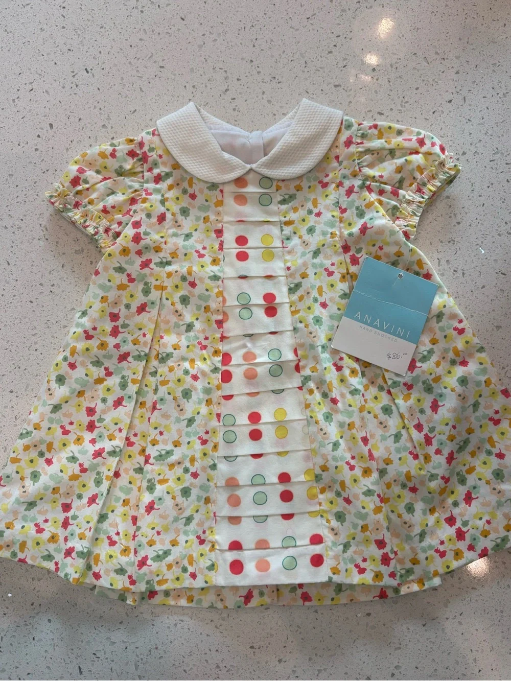 Anavini White Floral Peter Pan Collar Girls' Dress with Multicolor Dot Front